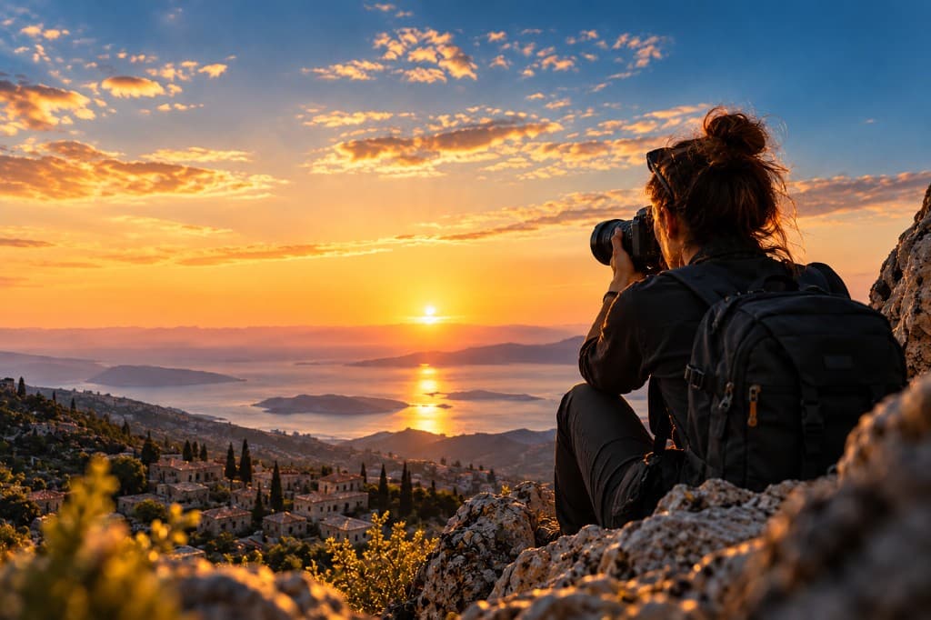 Photographer with a backpack sitting on a rocky cliff, capturing a sunset over a Mediterranean coastal village and sea.